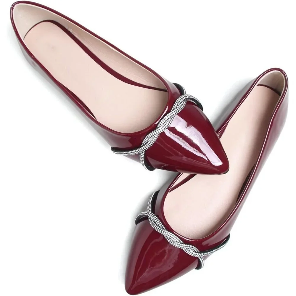 Women's Wine Red Casual Flats Fashion Chain Pointed Toe Ballet Flat Rhinestone